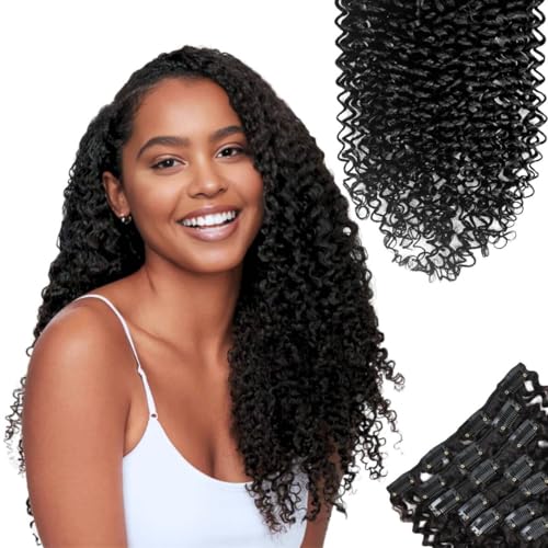 SIYUSI Kinky Curly Clip In Extensions, 3C 4A 100% Brazilian Remy Human Hair Clip Ins, Invisible & Scalp-Friendly, Natural Black Color, 3.52oz, 7Pcs (20 Inch)