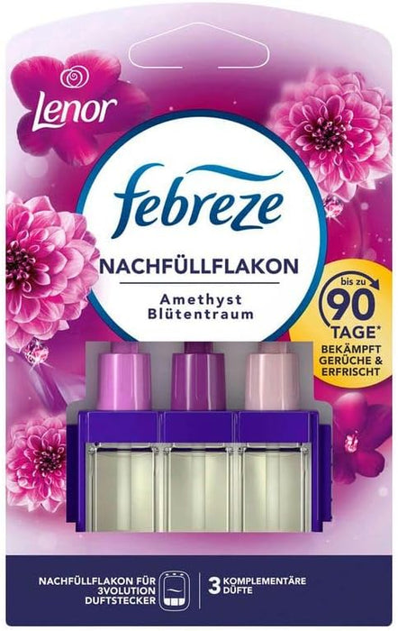 Febreze 3Volution Fragrance Plug Refill Bottle 20 ml Lenor Amethyst Blossom Dream, 3 Alternating Fragrances Fight Odours