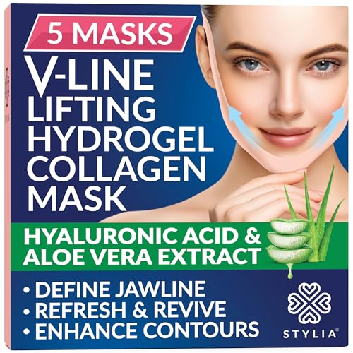 Stylia V-Line Lifting Collagen Face Mask with Hyaluronic Acid & Aloe Vera - Spa Quality Double Chin Strap - Collagen Mask for Women - Jawline Shaper Face Lift Tape - Chin Strap for Sleeping - 5PC