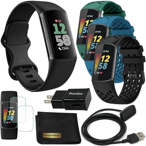 Fitbit Charge 6 Fitness Tracker Watch with Google apps (Black) Bundle with PremGear 3 Silicone Comfortable Watch Bands, 3foot Charge Cable, Adapter, Screen Shields & Cloth