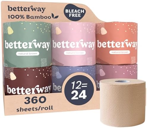 Betterway Unbleached Bamboo Toilet Paper Rolls - Eco-Friendly 3 Ply Toilet Tissue - 12 Double Rolls - 360 Sheets/Roll - Organic, FSC Certified, Septic Safe TP - Lint-Free, PFA-Free Bath Tissue