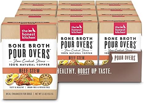 The Honest Kitchen Bone Broth POUR OVERS Wet Toppers for Dogs (12 Pack), 5.5 oz - Beef Stew