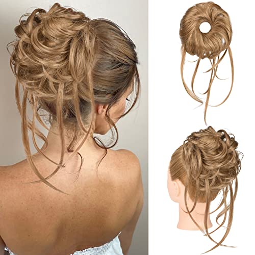 HOOJIH Messy Bun Hair Piece, Super Long Tousled Updo Hair Bun Extensions Wavy Hair Wrap Ponytail Hairpieces Hair Scrunchies with Elastic Hair Band for Women Girls - Ash Brown