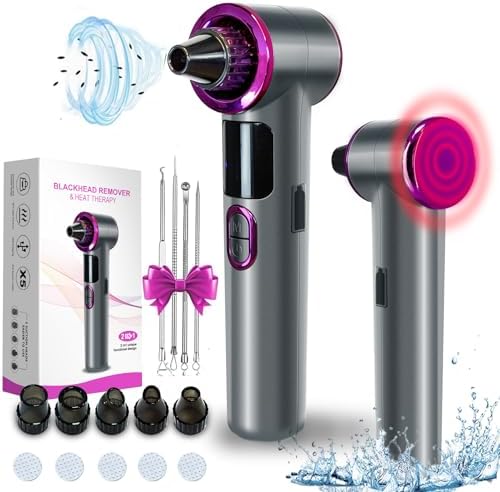 Blackhead Remover Vacuum, Facial Pore Cleaner Electric with Heating Mode, 2in1 Vacuum Pore Cleansing Tool, Electric Whitehead Remover with 9 Suction Level & 5 Heads