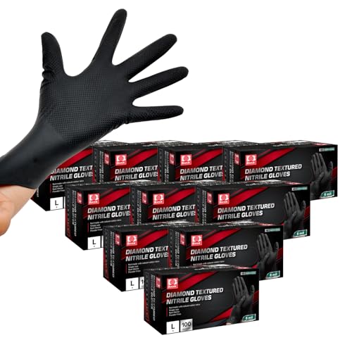 Basic Heavy Duty Nitrile Gloves Black Mechanic Gloves Large, 8 Mil Nitrile Disposable Gloves with Raised Diamond Texture, Latex Free, Powder Free Industrial Automotive Gloves Case of 1000
