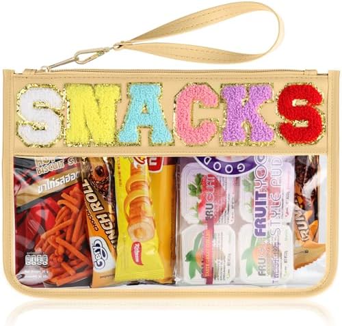 Snack Bag for Travel - Clear Chenille Varsity Letter Flat Pouch with Zipper, Waterproof Clear Nylon Preppy Patch Makeup Cosmetic tote Bags for Women Girls