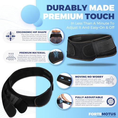 FORTEMOTUS Sacroiliac SI Joint Hip Belt, Lower Back Support Relief from Si Joint, Sciatica, Pelvis, Back Pain, Fully Adjustable Hip Braces for Sacral Nerve, Hip Loc Tilt Up Belts Braces Women and Men