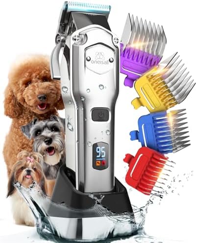 oneisall Pet Clippers for Grooming Professional,Cordless/Rechargeable Dog Grooming Kit with Detachable Metal Combs, Low Noise Heavy-Duty Dog Clippers for Thick/Curly/Fine/Wavy Hair (Sliver)