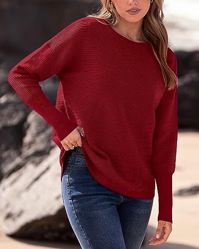 BTFBM Trendy Women Sweater Fall Long Sleeve Crew Neck Knit Sweater Y2k Sweater Christmas Sweater Pullover Tops(Solid Dark Red,Small)