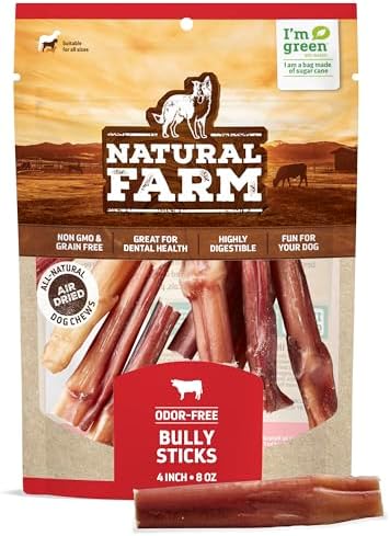 Natural Farm Odor-Free Bully Sticks (4”, 8oz) All-Natural Long-Lasting Chews, 100% Beef Pizzle, Grass-Fed, Grain-Free, Hormone-Free, Protein for Muscle Development & Energy, Perfect for Small Dogs