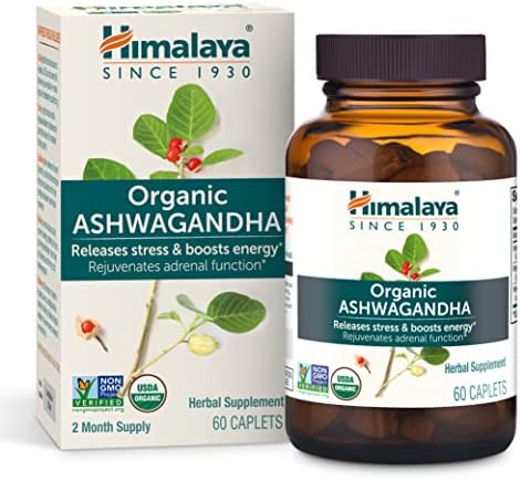 Himalaya Organic Ashwagandha, 60 Day Supply, Herbal Supplement for Stress Relief, Energy Support, Occasional Sleeplessness, Organic, Non-GMO, Vegan, Gluten Free, 670 mg, 60 Caplets