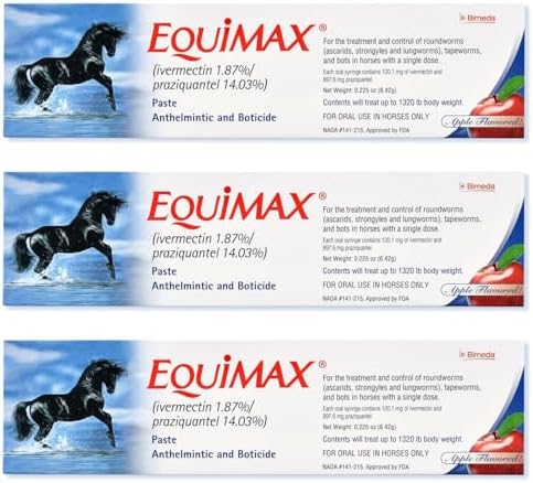 (3 Pack) Bimeda Equimax Horse Wormer Ivermectin 1.87 Percent and Praziquantel 14.03Percent Paste Tube