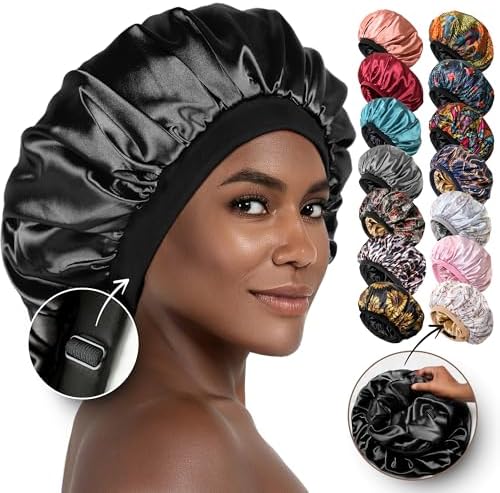 Satin Bonnet Adjustable Sleeping Silk Bonnet Black Women Men Double Layer Satin Silk Sleep Cap Hair Wrap Large Curly Hair