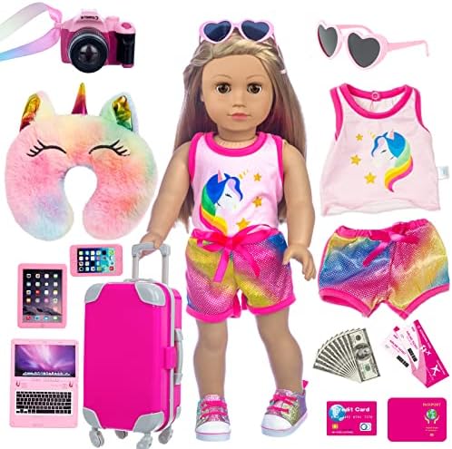 23 Pcs American 18 inch Doll Clothes and Accessories - Suitcase Luggage, Pillow, Sunglasses, Camera, Passport, Mobile Phone, Computer Doll Travel Gear Play Set