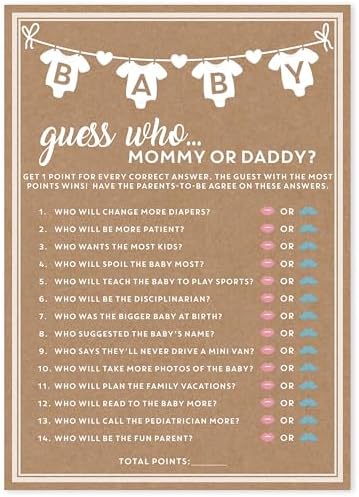 Party Hearty Baby Shower Games for Girl or Boy, 50 pcs Mommy or Daddy Guess Who Game, Fun Activity Cards, Gender Neutral, Baby Shower Ideas