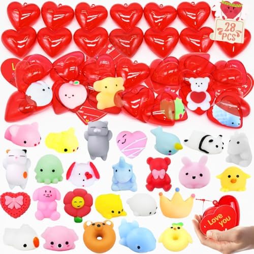 Valentines Party Favors Set, 28 Pcs Mochi Squishies Toys Filled Hearts and Valentines Day Cards for Kids Valentine's Day Exchange Gift, Kawaii Stress Relief Anxiety Toys for Valentine Basket Stuffers