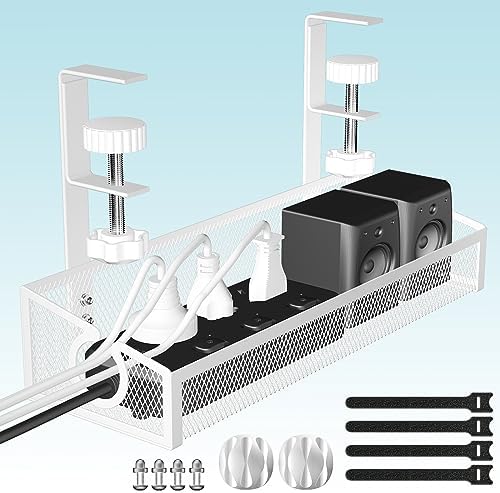 Under Desk Cable Tray White, No Drill Cable Organizer with Clamp for Wire Management, PC Cord Organizer & Workspace Accessories for Office, Home
