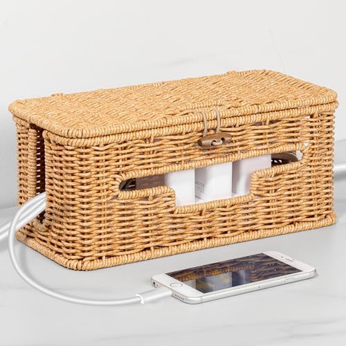 Handmade Cable Management Box,Handwoven Imitation Rattan Cord Hider Organizer With Lid,4 Open Slots Cords Hider Box,for TV Wires, Computer, Router, USB Hub and Under Desk Power Strip