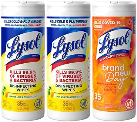 Lysol Disinfectant Wipes, Multi-Surface Antibacterial Wipes, Mixed Fragrance pack containing Lemon & Lime Blossom (2 Packs) and Mango and Hibiscus (1 Pack), 35 Count (Pack of 3)