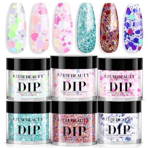 AZUREBEAUTY Dip Powder Nail Set, 6 Colors with Glitter in Pink and Aqua Blue, Light Dark Tones, No Lamp Needed, All Seasons, Dipping Powder Starter Kit for Manicure and Salon Use