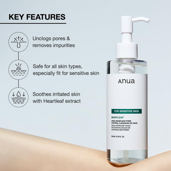 ANUA Heartleaf Pore Cleansing Oil MILD, Sensitive Skin Face Wash, Oil Cleanser for Face, Makeup Blackhead Remover, Korean Skin Care, Non-Comedogenic, Fragrance Free 6.76 fl oz(200ml)