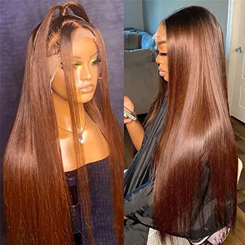 ANDRIA Lace Front Wigs Straight Hair Glueless Lace Wig Synthetic Long Silk Straight Natural Wig Heat Resistant Fiber Dark Root Ombre Reddish Brown Colorful Wig With Baby Hair For Black Women 24 Inches