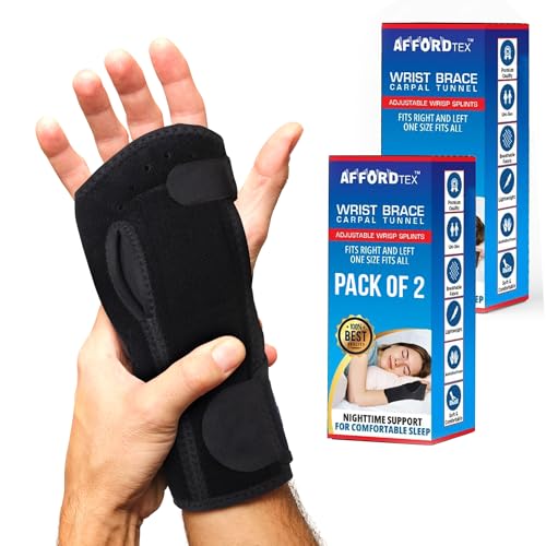 Carpal Tunnel Wrist Brace Night Support |2 count | Adjustable Wrist Support with Metal Splint | Hand Brace for Arthritis, Tendonitis, Sprain & Injuries | One Size Fits All, Left or Right Hand | Affordtex