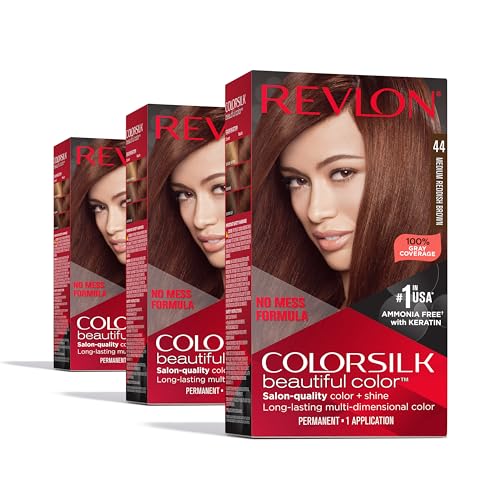 Revlon ColorSilk Permanent Hair Color, 100% Gray Coverage Dye Kit, Ammonia-Free, Keratin and Amino Acids, Red Shades, 44 Medium Reddish Brown (Pack of 3)