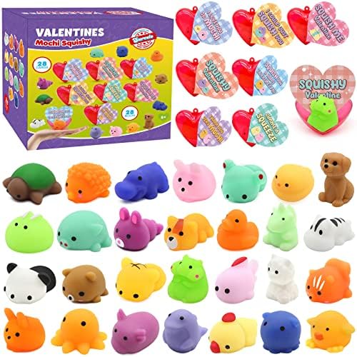 28 Pack Valentines Day Gifts for Kids, Mochi Squishies Party Favor Set with Filled Hearts and Valentines Greeting Cards, Valentine's Day School Prize Party Favor, Classroom Exchange Gift Set