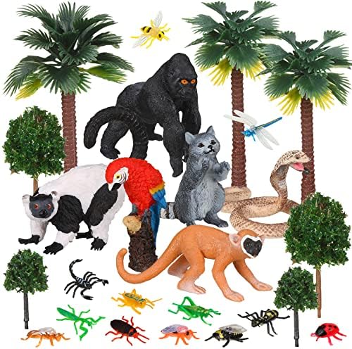 Jexine 25 Pack Rainforest Animals Figures Toys Set Assorted Creatures Rainforest Diorama Supplies Animals Model Trees for Birthday Party Favors, Piñata Fillers, for Boys and Girls
