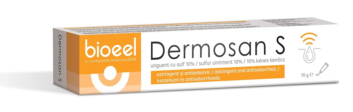 BIOEEL O COMPANIE RESPONSABILĂ DERMOSAN Sulphur Ointment 10% for Mites, Scabs, Blackheads, Psoriasis, Eczema, Acne, Dermatitis, Dry Skin, 70 g