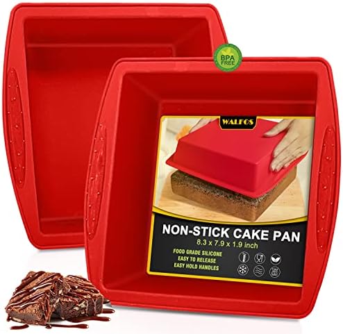Walfos Silicone Square Cake Pan, 8 inch, Red, BPA Free, Non-Stick, Perfect for Brownies, Cakes, Bread, Pies, and Lasagna, Set of 2