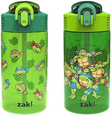 Zak Designs Teenage Mutant Ninja Turtles Kids Water Bottle For School or Travel, 16oz 2 Count (Pack of 1) Durable Plastic Water Bottle With Straw, Handle, and Leak-Proof, Pop-Up Spout Cover (TMNT)