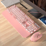 Typewriter Mechanical Gaming Keyboard and Mouse Combo, Retro Punk Round Keycaps White LED Backlit USB Wired Computer Keyboard for Game and Office, for Windows Laptop PC, Red Switches(Pink)