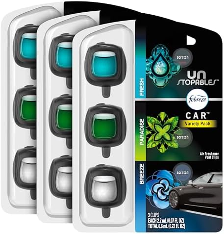 Febreze Car Air Freshener Odor-Fighting Car Vent Clip, Unstopables Variety Pack, 3-Count Pack of 3