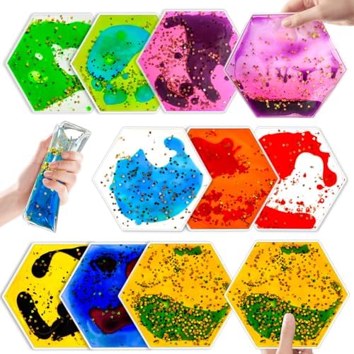 Squishy Liquid Sensory Gel Tiles 9 Packs - Hexagon Liquid Sensory Toys for Stress Relief & Fidget Fun, Washable Sensory Floor Tiles for Toddles 3+ Home, Classroom, Travel