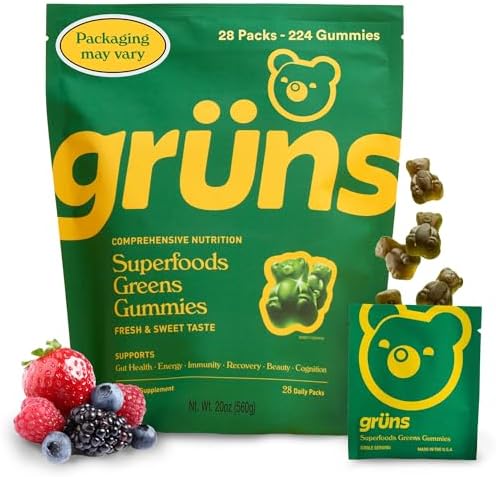 Gruns Adults Super Greens Gummies, Superfood Gummy Bears with Spirulina, Chlorella & Prebiotics for Digestive Health - Adaptogens Supplement with 20 Vitamins & Minerals, Low Sugar- 1 Month Supply
