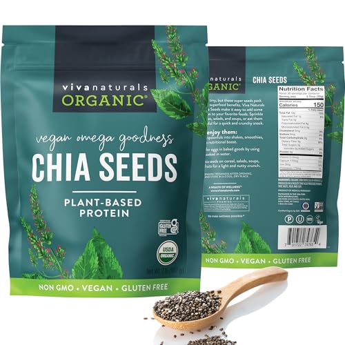 Viva Naturals Organic Chia Seeds 2 LBs - Plant-Based Omega-3 and Vegan Protein, Non-GMO Chia Seeds Organic Perfect for Smoothies, Salads and Chia Seed Pudding, Black Chia Seeds Bulk