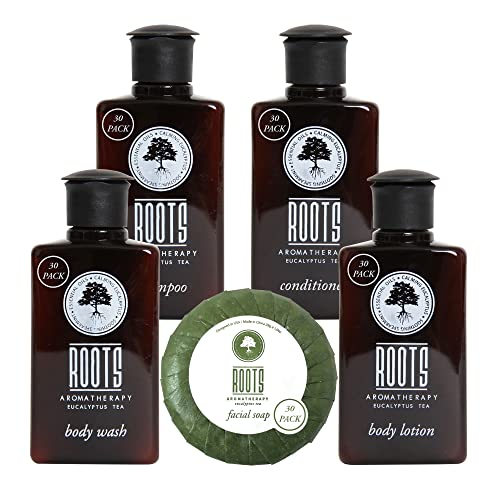 ROOTS AROMATHERAPY Travel Size Shampoo Conditioner Body Wash Lotion & Soap(150 PK, 1.5 oz each), Guest Bathroom Essentials Toiletries Airbnb Bulk Mini Sets Hygiene Kits Sulfate Free Air Bnb Toiletry