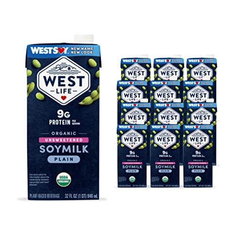 West Life Organic Soy Milk, Unsweetened Plain, Low Sugar, 9g of Protein, Vegan Dairy Alternative, Lactose-Free, Shelf Stable, 32oz (Pack of 12)