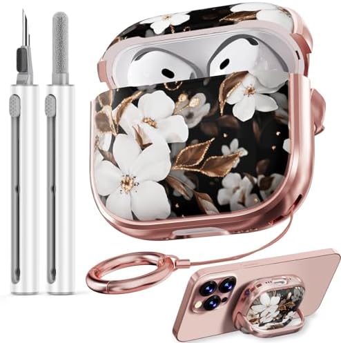 with Safety Lock for AirPods 4 Case 2024,Floral Cute AirPod 4th Generation Case for Women Girly with Cleaner Kit and Key Chain - Black Gold Flower