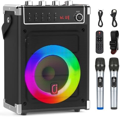 JYX Karaoke Machine with 2 Wireless Microphones, Portable Bass/Treble Bluetooth Speaker with LED Light, Support TWS, AUX in, FM, REC PA System with Remote Control, Supply for Party/Adults/Kids