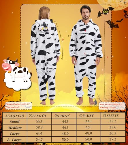 QUCH Adult Onesie Costume-Unisex Animal Onesies for Adults Halloween Costume, Halloween Onesie Adult Onesie Pajamas for Women Cow L