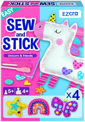EZCRA Easy Arts and Crafts for Kids - No Mess Sewing Kit for Kids - 4 Easy to Do Unicorn Sewing Projects - Fun Felt Stickers - Tools with Instruction - Gifts for Girls Age 4,5,6,7,8