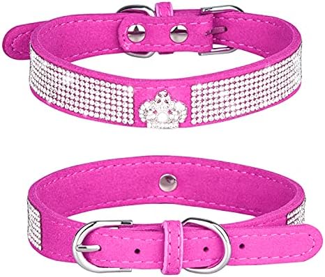 haoyueerHaoyueer Rhinestone Dog Collar, Cute Dazzling Sparkling Soft Suede Leather Dog Cat Rhinestone Collar Crystal Diamond Pet Dog Puppy Collar (S, Hot Pink-4)
