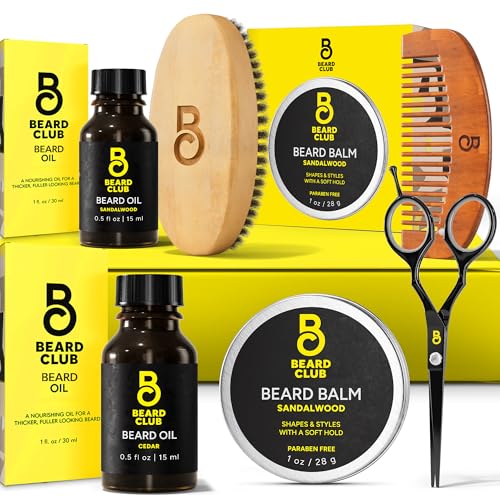 The Beard Club Beard Kit for Men - Beard Grooming Kit & Beard Care Kit - Cedar Beard Oil, Sandalwood Beard Oil, Sandalwood Beard Balm, Beard Comb, Beard Brush, Beard Trimming Scissors - Gift Set