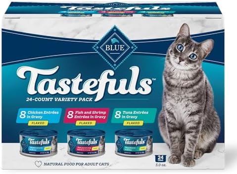 Blue Buffalo Tastefuls Natural Flaked Wet Cat Food Variety Pack, Tuna, Chicken and Fish & Shrimp Entrées in Gravy 3-oz Cans (24 Count)