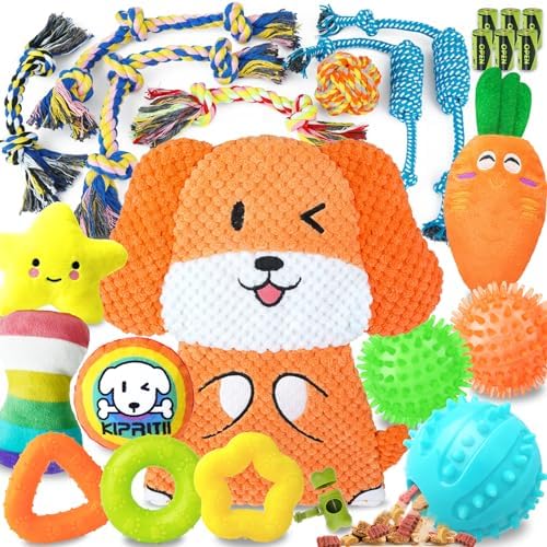 KIPRITII Puppy Toys for Dog Teething-25 Pack Exclusive Puppy Dog Chew Toys for Boredom with Rope Toys, Dog Treat Balls & Dog Toy for Puppy and Small Dogs, Hold a Bottle