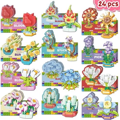 Valentines Cards for Kids Classroom - 24 Pack Flower Building Set with Valentines Cards, Valentines Gifts for Kids School, Classroom, Kids Valentine Exchange Cards, Valentines Party Favor