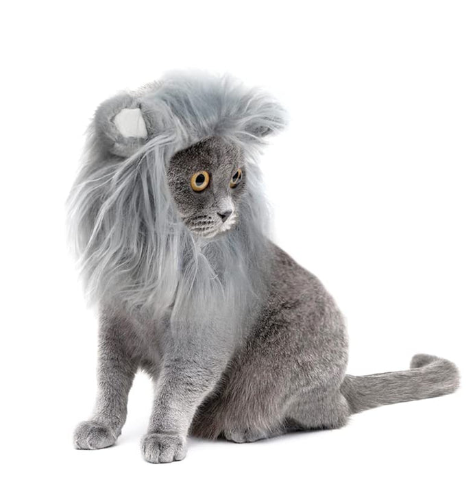 Onmygogo Lion Mane Wig for Cats and Dogs, Funny Pet Cat Costumes for Halloween Christmas, Furry Pet Clothing Accessories (Size S, Light Grey with White)